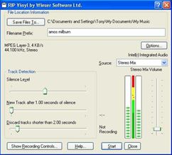 Rip Vinyl monitoring streaming music, via the Stereo Mixer.  Pressing the start button starts recording.