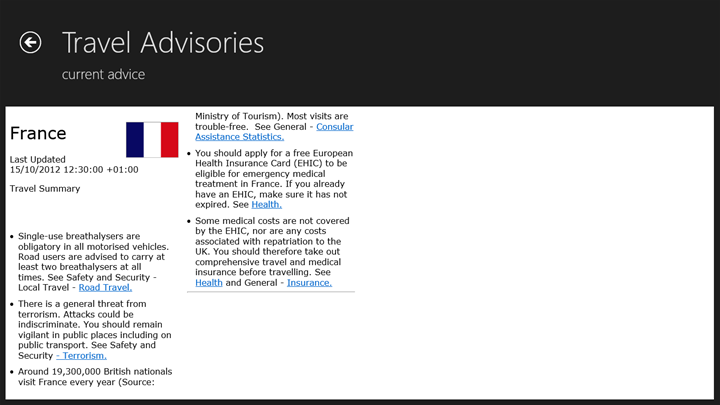Get the latest travel advice with Travel Advisories for Windows 8