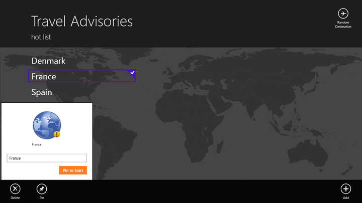 Select your favorite countries for Travel Advisories for Windows 8