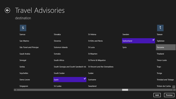 Select your favorite countries for Travel Advisories for Windows 8